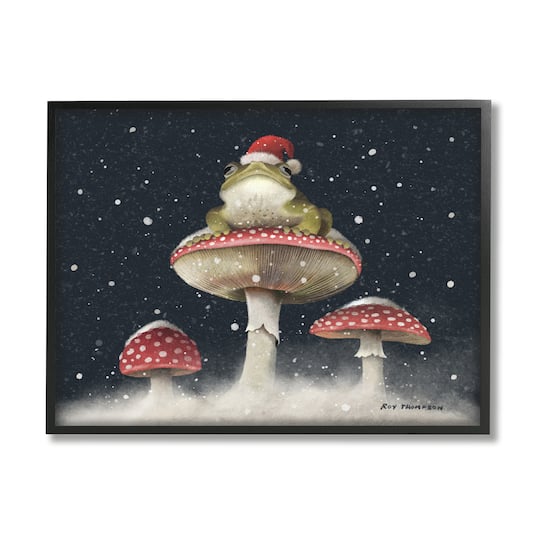 Stupell Industries Frog In Santa Hat Snowy Mushrooms Framed Giclee Art
